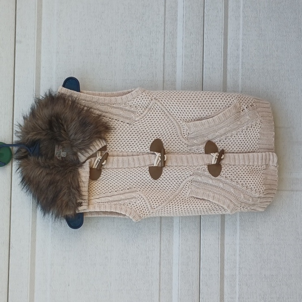Pink Republic Ivory Cream Tan Crochet Knit Faux Fur Sweater Vest Jacket Small